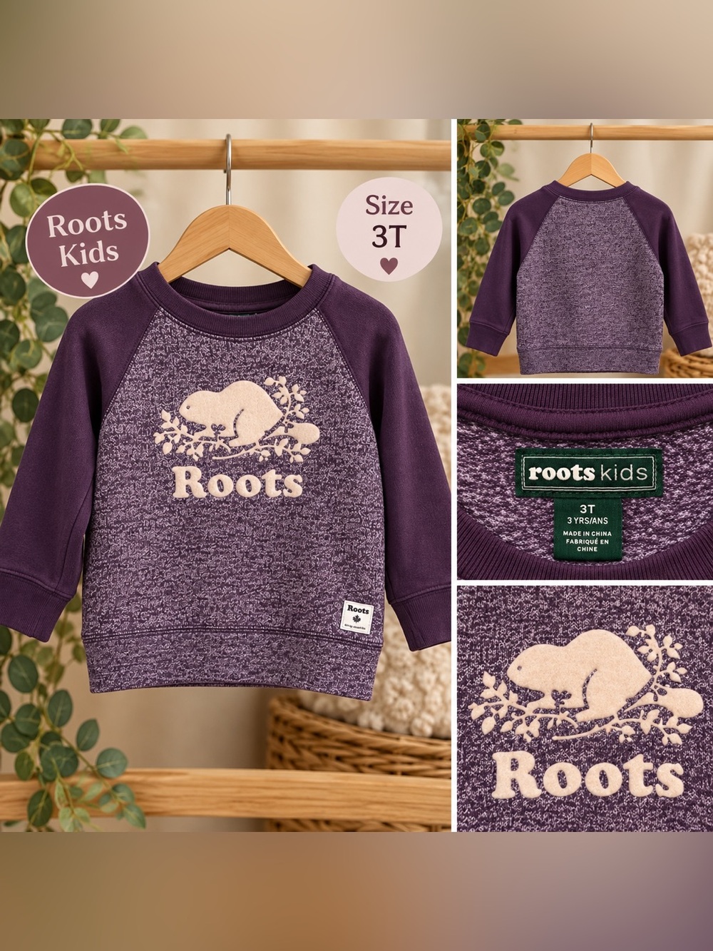💜 Roots Kids Purple Beaver Logo Crewneck Sweatshirt – Size 3T 🍁